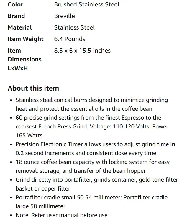 Full Features of Breville BCG820BSS Smart Grinder Pro Coffee Bean Grinder