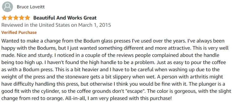 Top Positive Review for the Le Creuset Stoneware French Press